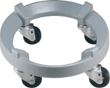 A metal circular dolly, like the Hobart Deluxe Bowl Truck for Classic Mixers, features four black swivel caster wheels. Designed to support and transport cylindrical containers, it has a solid round frame with four evenly spaced raised brackets.