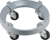 A metal circular dolly, like the Hobart Deluxe Bowl Truck for Classic Mixers, features four black swivel caster wheels. Designed to support and transport cylindrical containers, it has a solid round frame with four evenly spaced raised brackets.