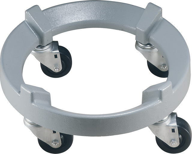 A metal circular dolly, like the Hobart Deluxe Bowl Truck for Classic Mixers, features four black swivel caster wheels. Designed to support and transport cylindrical containers, it has a solid round frame with four evenly spaced raised brackets.