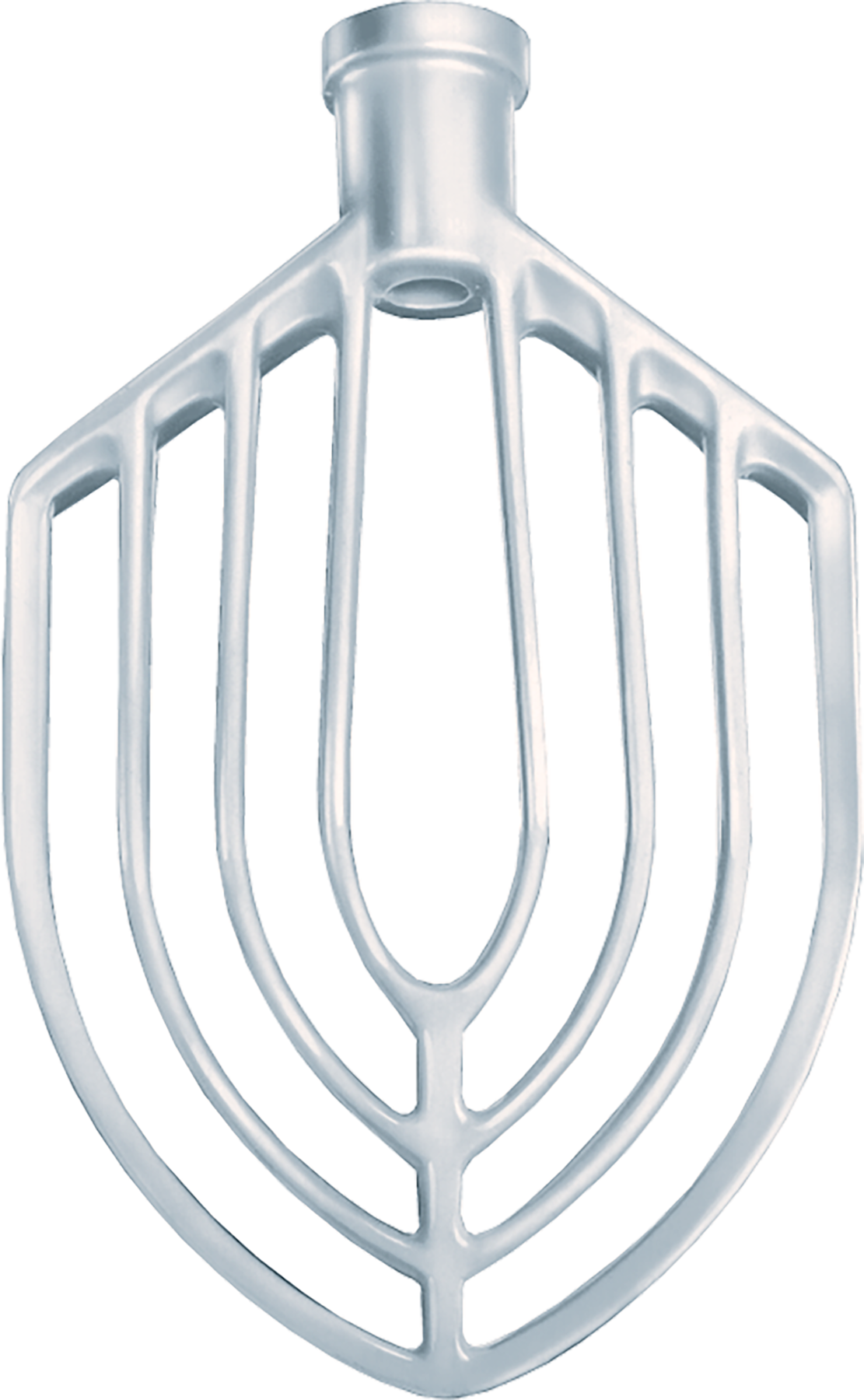 A silver flat beater paddle attachment with a flat, wide blade-like design and open slats, designed for mixing batters and doughs in a 20 quart Hobart mixer. The attachment features a central shaft at the top for easy stand mixer connection.