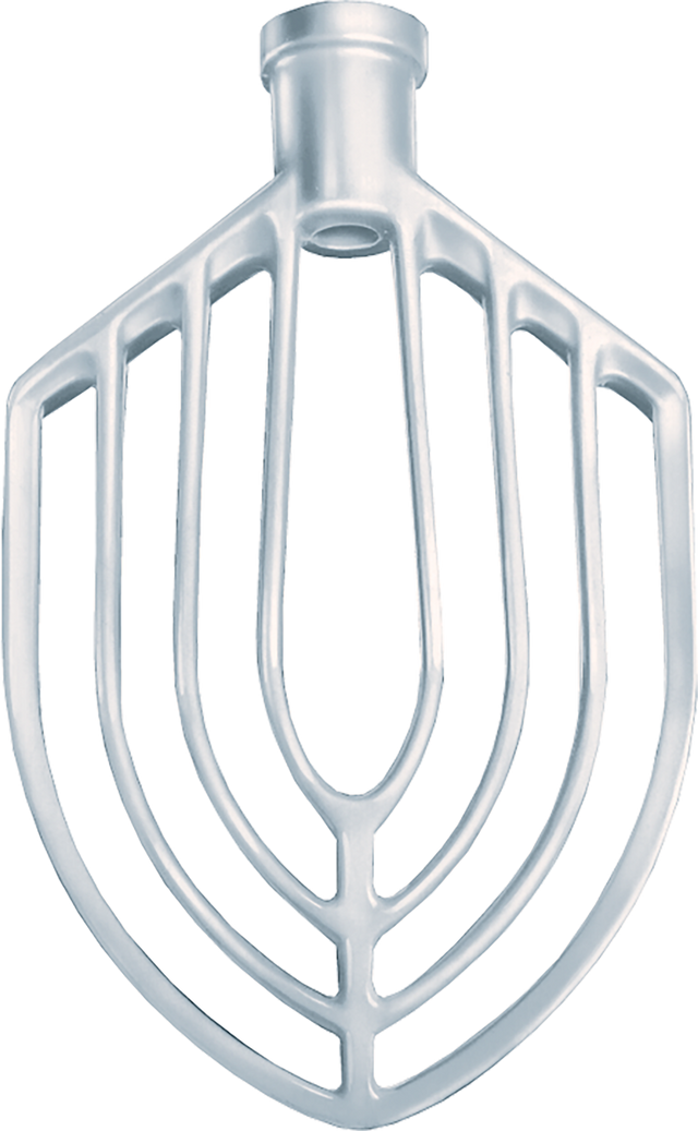 A silver flat beater paddle attachment with a flat, wide blade-like design and open slats, designed for mixing batters and doughs in a 20 quart Hobart mixer. The attachment features a central shaft at the top for easy stand mixer connection.