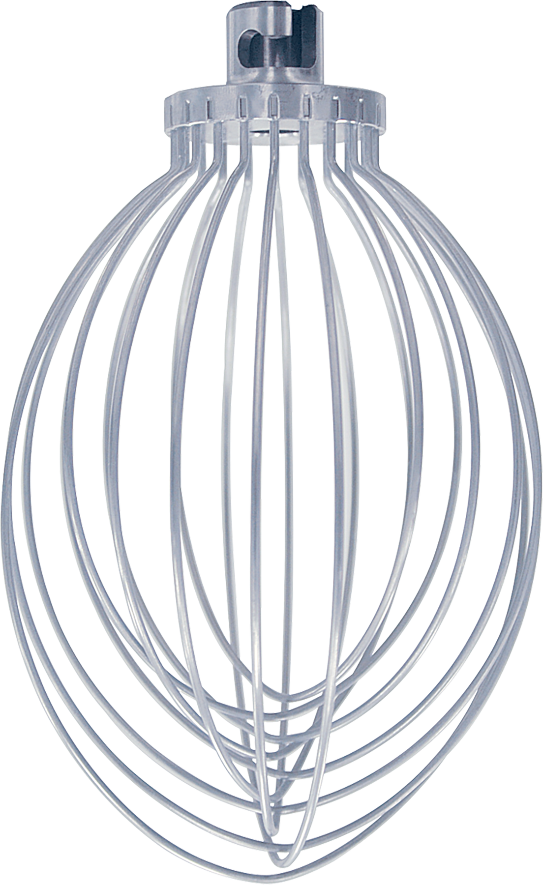 A stainless steel 5 quart wire whip attachment for a Hobart mixer is shown upright against a white background. The whisk features multiple curved wires connected at the top to a central metal hub for attaching to the mixer.