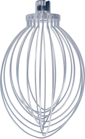 A stainless steel 5 quart wire whip attachment for a Hobart mixer is shown upright against a white background. The whisk features multiple curved wires connected at the top to a central metal hub for attaching to the mixer.