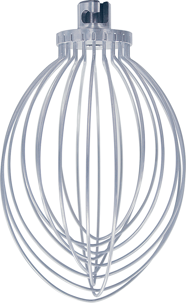 A stainless steel 5 quart wire whip attachment for a Hobart mixer is shown upright against a white background. The whisk features multiple curved wires connected at the top to a central metal hub for attaching to the mixer.