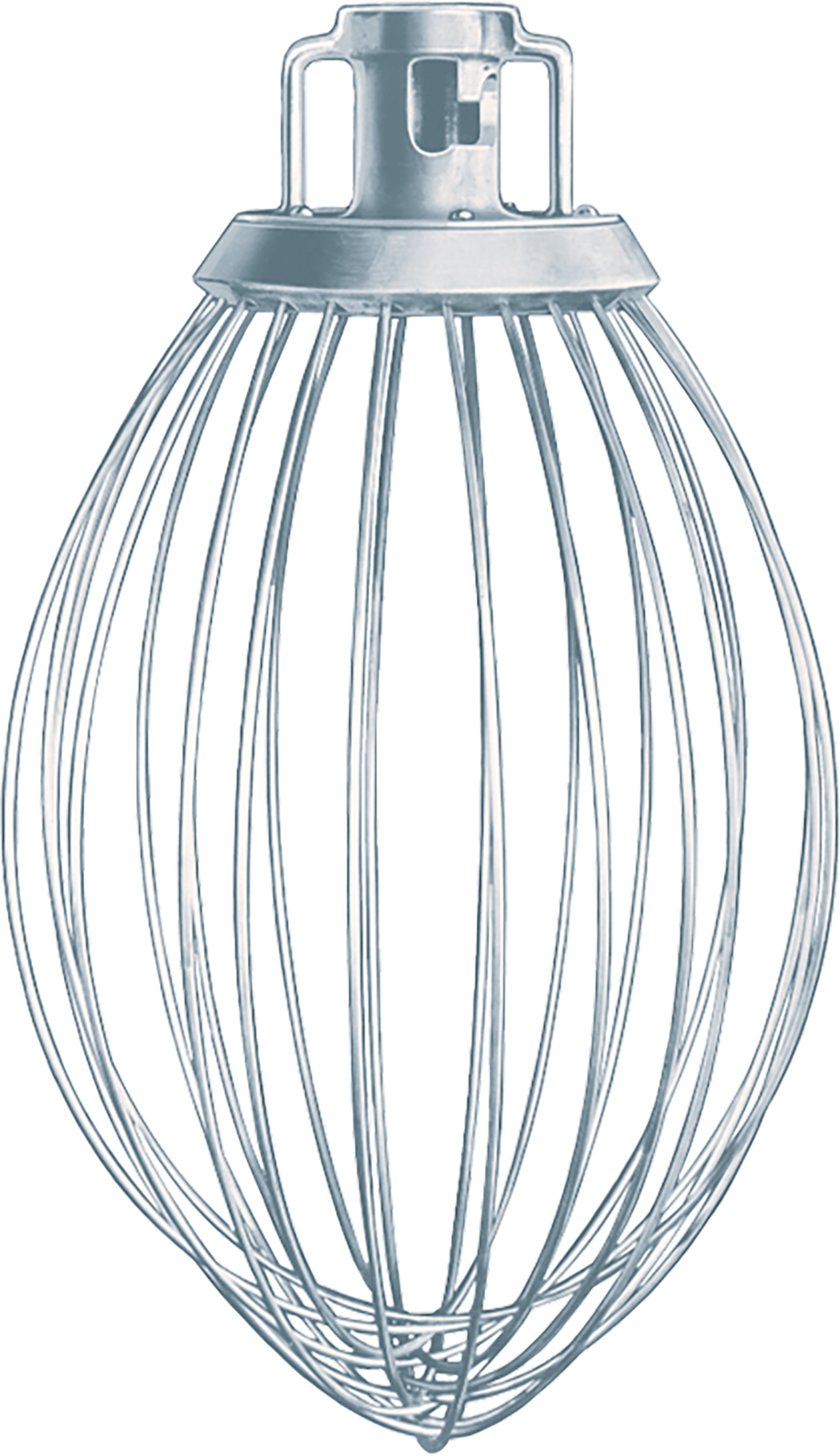 A stainless steel 20 quart wire whip attachment for a Hobart mixer, featuring multiple curved steel wires in a balloon shape, attached to a solid cylindrical metal base with slots for secure mounting. The background is plain and light-colored.