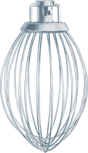 A stainless steel 20 quart wire whip attachment for a Hobart mixer, featuring multiple curved steel wires in a balloon shape, attached to a solid cylindrical metal base with slots for secure mounting. The background is plain and light-colored.