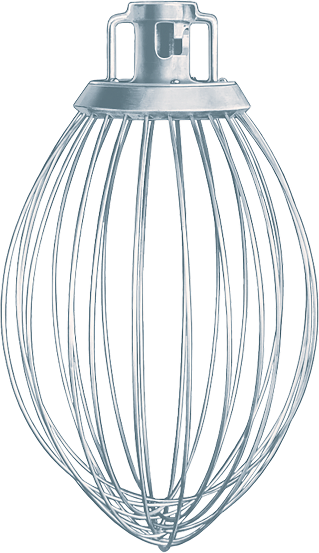 A stainless steel 20 quart wire whip attachment for a Hobart mixer, featuring multiple curved steel wires in a balloon shape, attached to a solid cylindrical metal base with slots for secure mounting. The background is plain and light-colored.