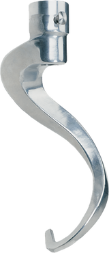 A metallic, spiral-shaped Hobart EDDOUGH-ALU060 mixer dough hook for a 60 quart mixer, featuring a smooth curved design with a notched tip and cylindrical connector. Its shiny, reflective surface enhances any commercial kitchen setup.