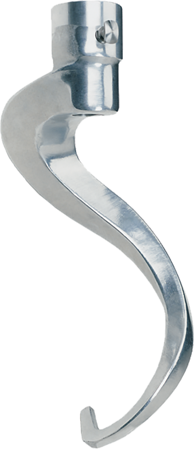 A metallic, spiral-shaped Hobart EDDOUGH-ALU060 mixer dough hook for a 60 quart mixer, featuring a smooth curved design with a notched tip and cylindrical connector. Its shiny, reflective surface enhances any commercial kitchen setup.