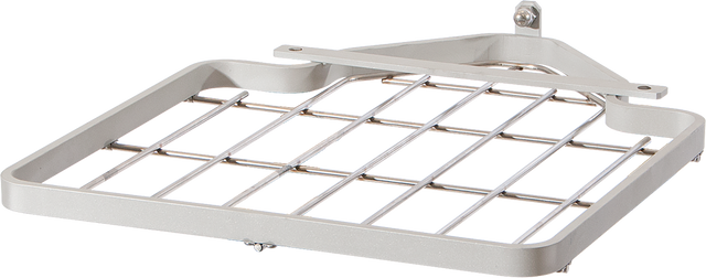 A metal wall-mounted corner shelf with a square grid design and a raised frame, featuring shiny silver rods and mixer support arms, is photographed against a plain white background.