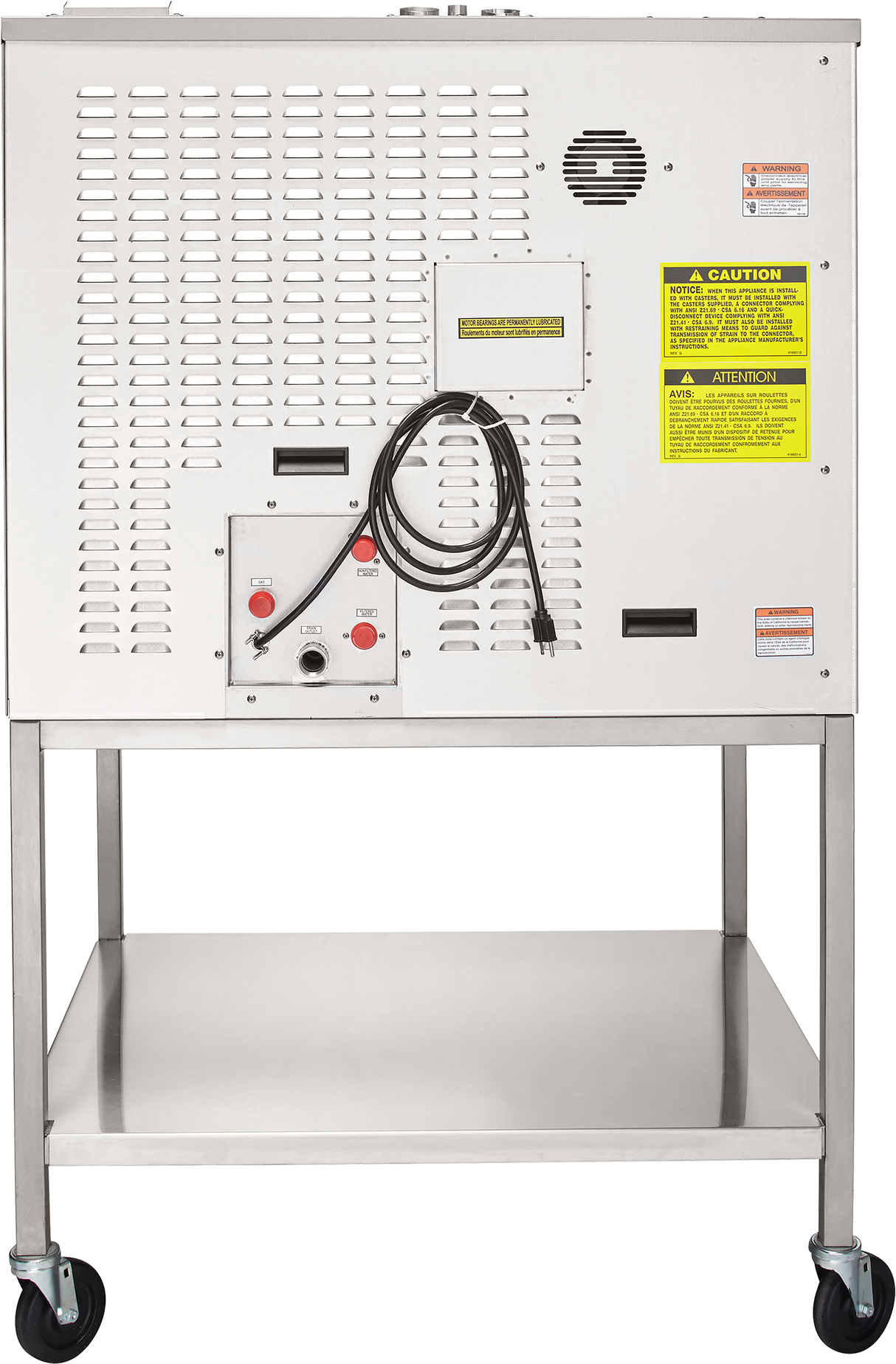 A stainless steel boilerless combi oven steamer with a vented back panel, warning labels, control switches, coiled power cord, lower storage shelf, and four caster wheels for mobility. The machine appears clean against a white background.