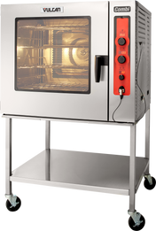 A stainless steel commercial Vulcan boilerless combi oven steamer on wheels, featuring a glass door with interior light, three control knobs, and a digital display on a red panel. The oven sits on a metal stand with a storage shelf below.