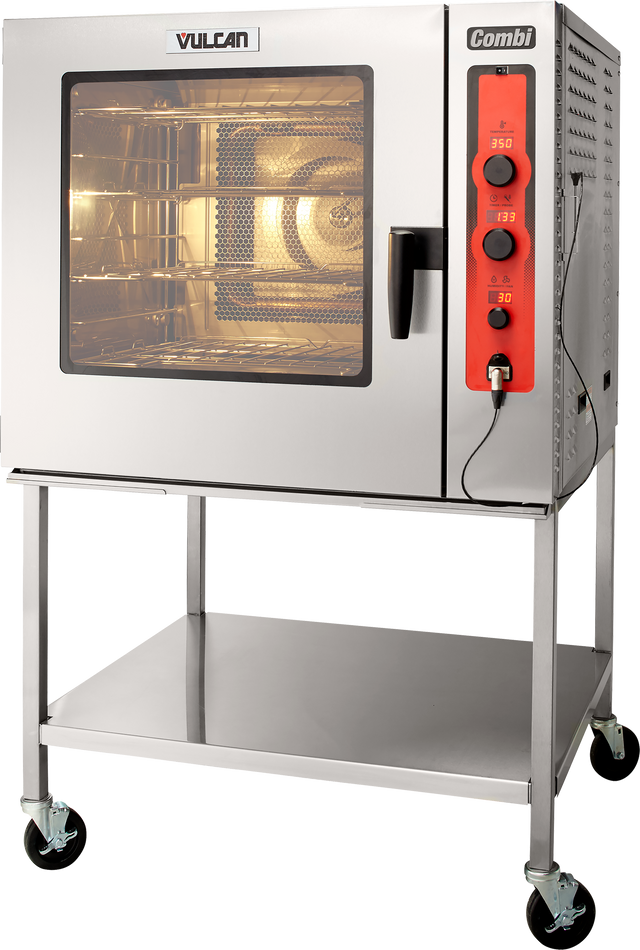 A stainless steel commercial Vulcan boilerless combi oven steamer on wheels, featuring a glass door with interior light, three control knobs, and a digital display on a red panel. The oven sits on a metal stand with a storage shelf below.