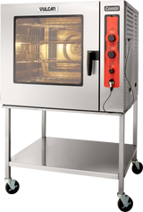 A stainless steel Vulcan combi oven on wheels, powered by natural gas, features a glass door revealing oven racks. On the right, a red control panel offers easy operation. The steam oven sits on a metal cart with a lower shelf for added storage.