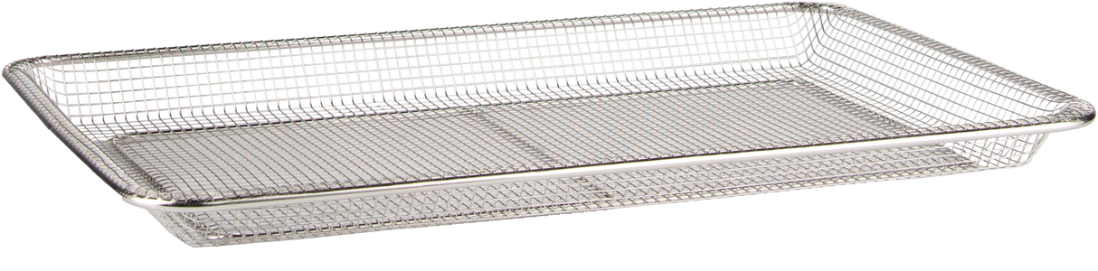 A rectangular Vulcan wire mesh air fry basket with a silver metallic finish, measuring 12”x20”. It features a flat bottom, straight sides, and a sturdy external frame. The empty basket rests on a white background, showing its fine, open grid pattern.