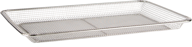 A rectangular Vulcan wire mesh air fry basket with a silver metallic finish, measuring 12”x20”. It features a flat bottom, straight sides, and a sturdy external frame. The empty basket rests on a white background, showing its fine, open grid pattern.
