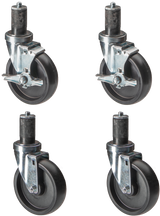 Four identical Vulcan black rubber swivel casters with metal mounts are shown, two featuring locking wheels (visible levers) and two without. The casters are arranged in a grid pattern on a white background.