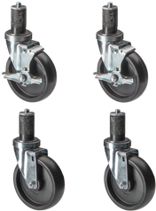 Four identical Vulcan black rubber swivel casters with metal mounts are shown, two featuring locking wheels (visible levers) and two without. The casters are arranged in a grid pattern on a white background.
