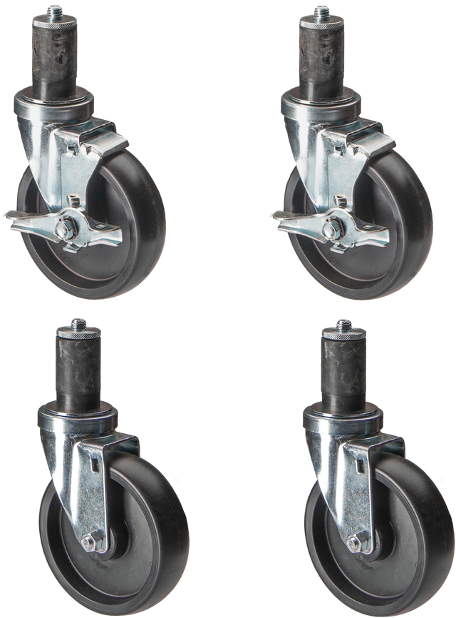 Four identical Vulcan black rubber swivel casters with metal mounts are shown, two featuring locking wheels (visible levers) and two without. The casters are arranged in a grid pattern on a white background.