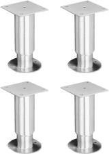 Four identical metal security legs, each featuring a cylindrical body, a round base, and a square mounting plate with screw holes at the top. The brushed steel finish adds durability and style, displayed on a plain background.