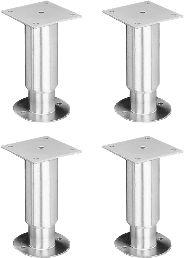 Four identical metal security legs, each featuring a cylindrical body, a round base, and a square mounting plate with screw holes at the top. The brushed steel finish adds durability and style, displayed on a plain background.