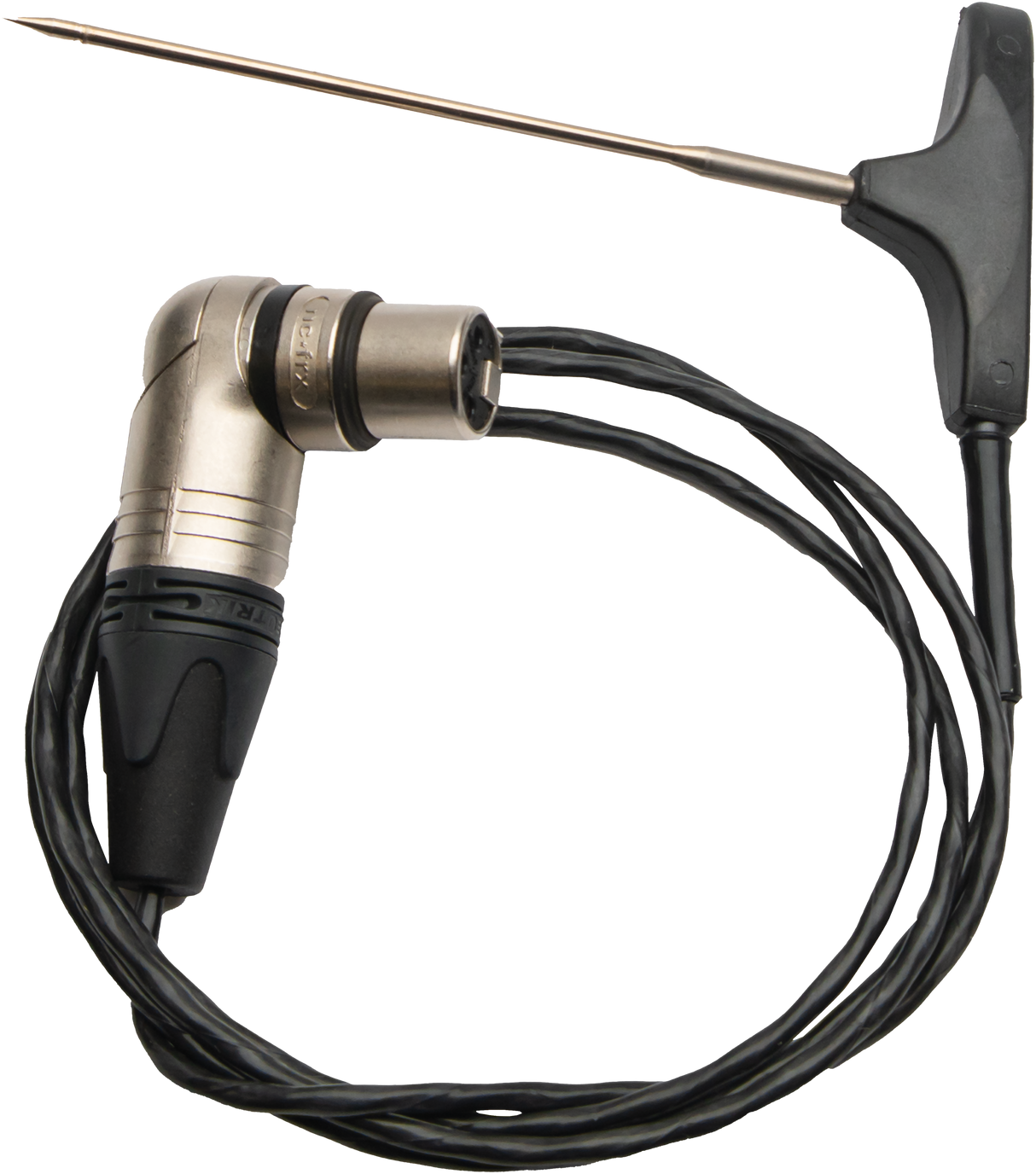 A Vulcan replacement food probe featuring a metal needle attached to a black T-shaped handle. The needle is linked by a coiled wire ending in an XLR connector, designed for measuring internal temperatures on ABC-P units.