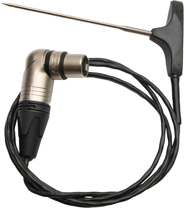 A Vulcan replacement food probe featuring a metal needle attached to a black T-shaped handle. The needle is linked by a coiled wire ending in an XLR connector, designed for measuring internal temperatures on ABC-P units.