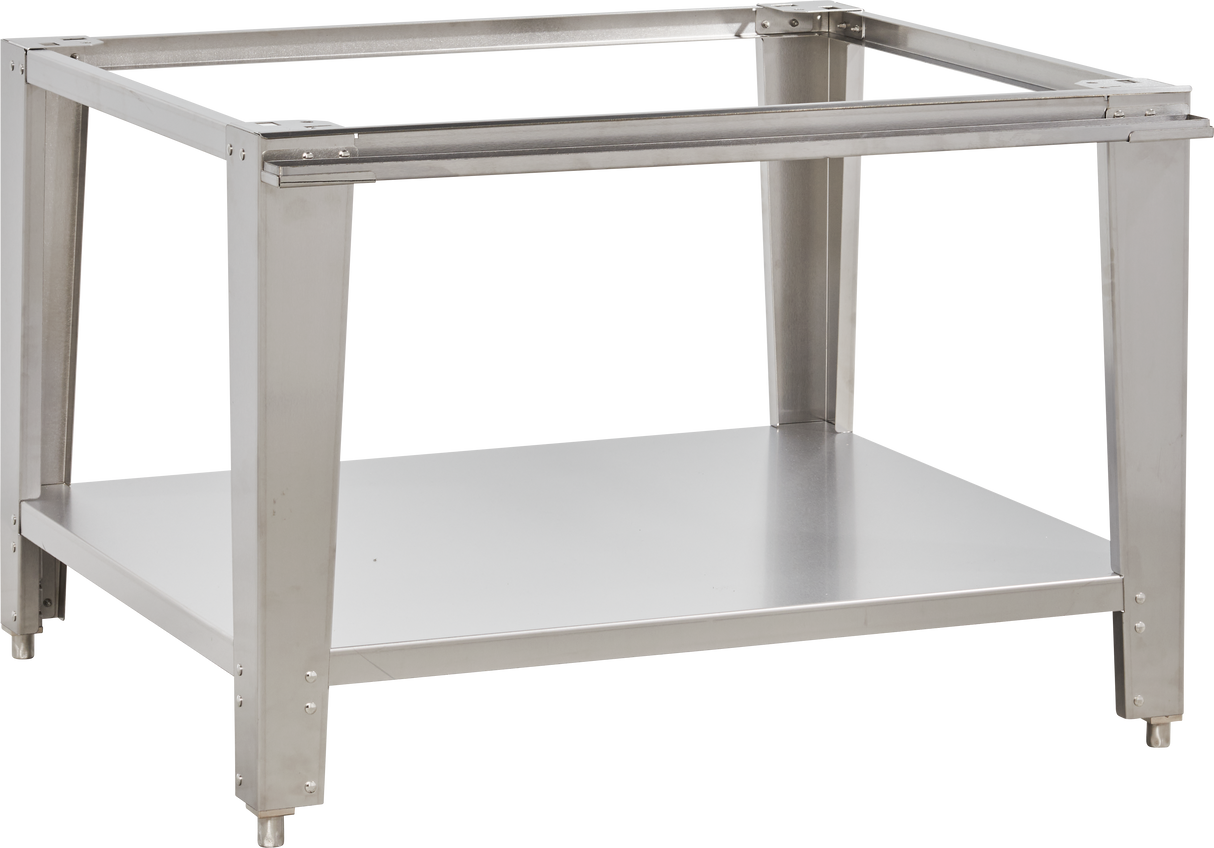 A stainless steel open leg frame table with four legs, an open top, and a solid lower shelf. Featuring adjustable feet and reinforced corners, it’s ideal for heavy equipment or as a utility stand in industrial or kitchen settings.