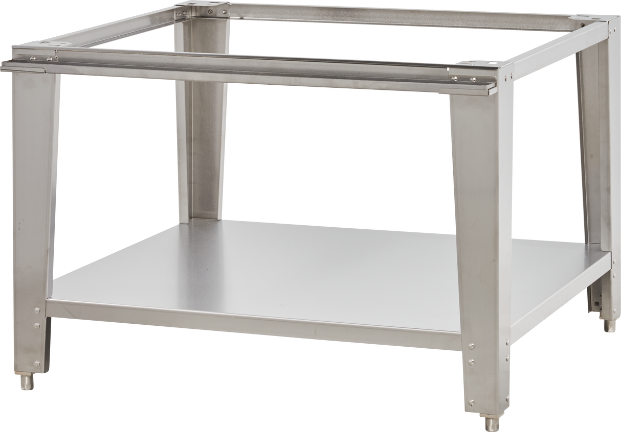 A stainless steel rectangular equipment stand with an open leg frame, four legs, a solid lower shelf, and an open frame top. Its sturdy, industrial design is ideal for supporting heavy appliances or items in commercial kitchens or workspaces.