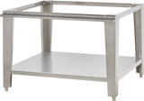 A stainless steel rectangular equipment stand with an open leg frame, four legs, a solid lower shelf, and an open frame top. Its sturdy, industrial design is ideal for supporting heavy appliances or items in commercial kitchens or workspaces.