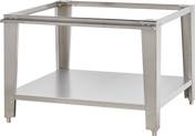 A stainless steel rectangular equipment stand with an open leg frame, four legs, a solid lower shelf, and an open frame top. Its sturdy, industrial design is ideal for supporting heavy appliances or items in commercial kitchens or workspaces.