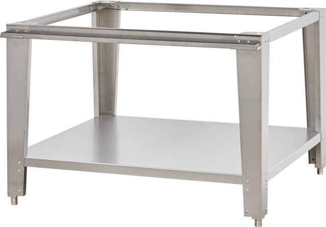 A stainless steel rectangular equipment stand with an open leg frame, four legs, a solid lower shelf, and an open frame top. Its sturdy, industrial design is ideal for supporting heavy appliances or items in commercial kitchens or workspaces.