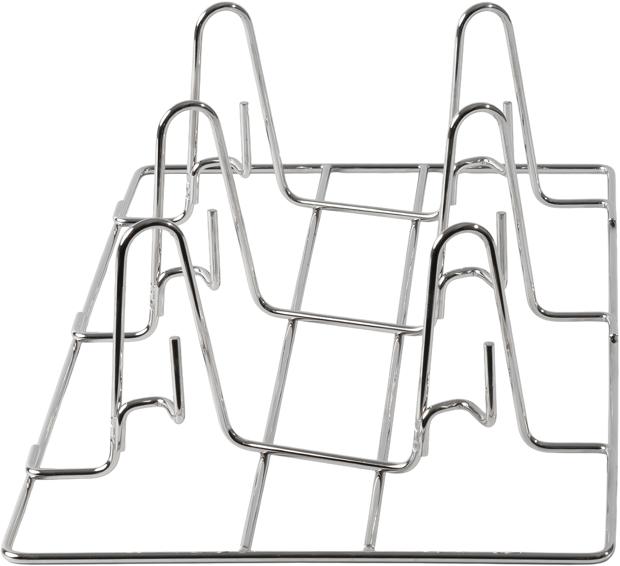 A metal Vulcan 1220-CHICK6 rack with six wire sections forms slots to hold items upright. Rectangular and silver, this stainless steel chicken rack offers smooth, curved supports and a 6 bird capacity—ideal for organizing plates, lids, or files.