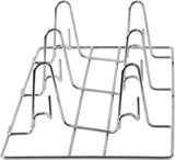 A metal Vulcan 1220-CHICK6 rack with six wire sections forms slots to hold items upright. Rectangular and silver, this stainless steel chicken rack offers smooth, curved supports and a 6 bird capacity—ideal for organizing plates, lids, or files.