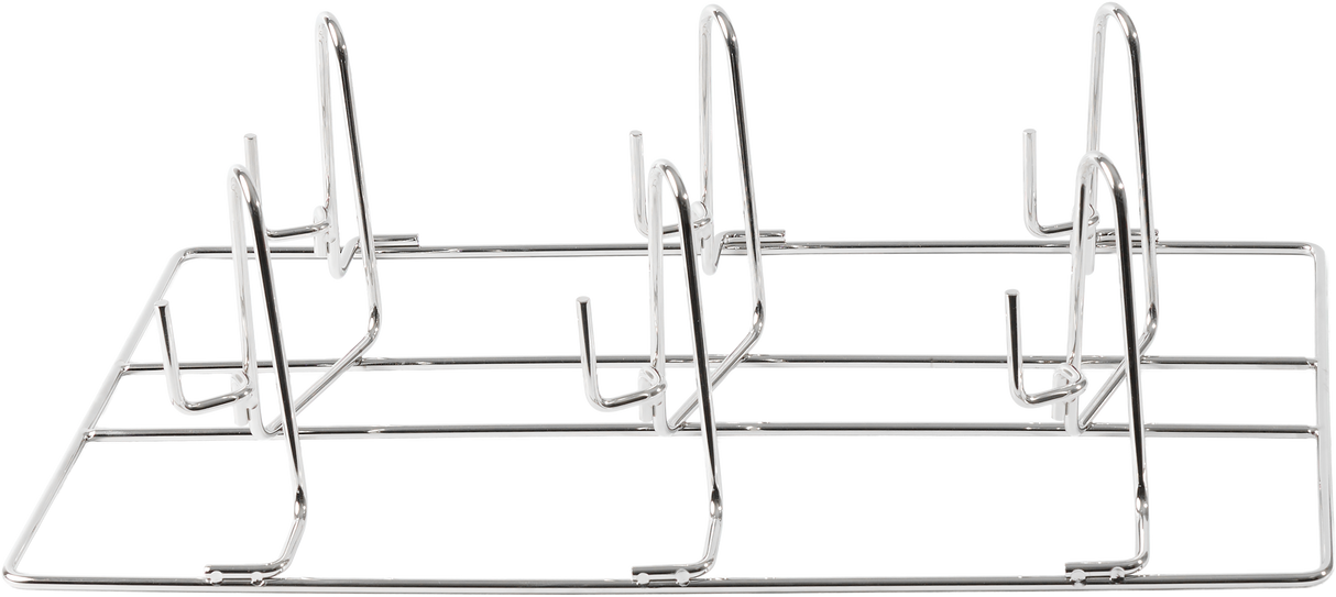 A rectangular stainless steel chicken rack, such as the Vulcan 1220-CHICK6, features six vertical wire dividers for a 6 bird capacity, keeping poultry or pans upright and separated on its open grid base with angled supports for optimal cooking or cooling.