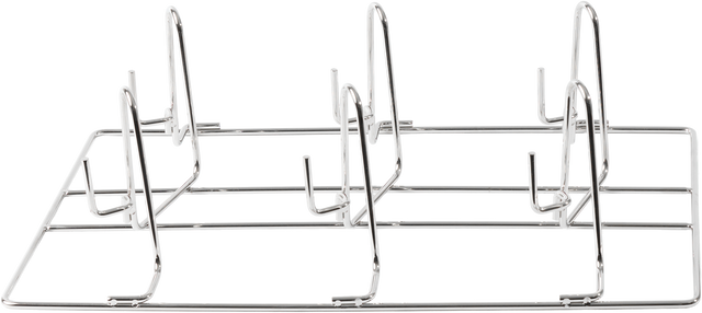 A rectangular stainless steel chicken rack, such as the Vulcan 1220-CHICK6, features six vertical wire dividers for a 6 bird capacity, keeping poultry or pans upright and separated on its open grid base with angled supports for optimal cooking or cooling.