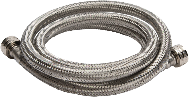 A coiled, flexible stainless steel water hose with a silver finish and threaded connectors on both ends, commonly used for plumbing or shower installations. This 3/4 inch GHT hose appears new and is evenly coiled against a plain white background.