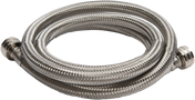 A coiled, flexible Vulcan HOSEWTR flex stainless steel water hose with a shiny, silver-colored finish and 3/4" female GHT threaded connectors on both ends, featuring a textured surface and easily visible connectors.