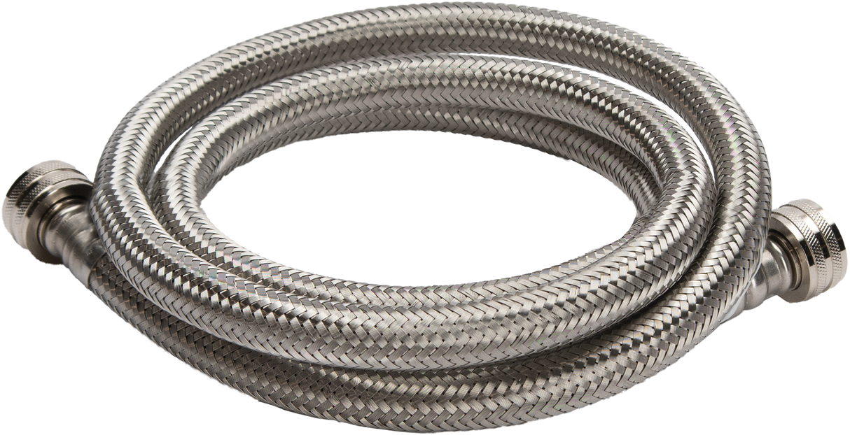 A coiled, flexible Vulcan HOSEWTR,3/4" female GHT metal hose with a shiny, braided stainless steel exterior and threaded connectors on both ends is neatly looped in a circle, displayed on a plain white background.
