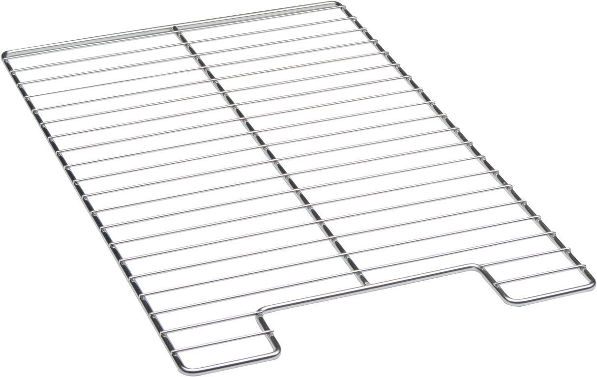 A rectangular stainless steel cooling rack with parallel horizontal wires and a few vertical support bars. The rack features a small notch in the middle edge, and its shiny surface exemplifies the quality found in premium wire racks.