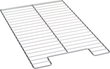 A rectangular stainless steel cooling rack with parallel horizontal wires and a few vertical support bars. The rack features a small notch in the middle edge, and its shiny surface exemplifies the quality found in premium wire racks.