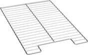A rectangular stainless steel cooling rack with parallel horizontal wires and a few vertical support bars. The rack features a small notch in the middle edge, and its shiny surface exemplifies the quality found in premium wire racks.