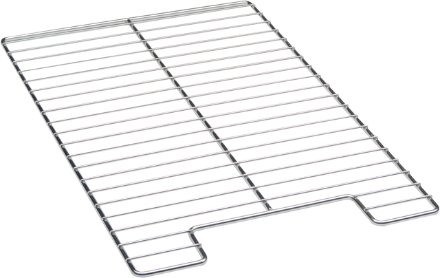 A rectangular stainless steel cooling rack with parallel horizontal wires and a few vertical support bars. The rack features a small notch in the middle edge, and its shiny surface exemplifies the quality found in premium wire racks.
