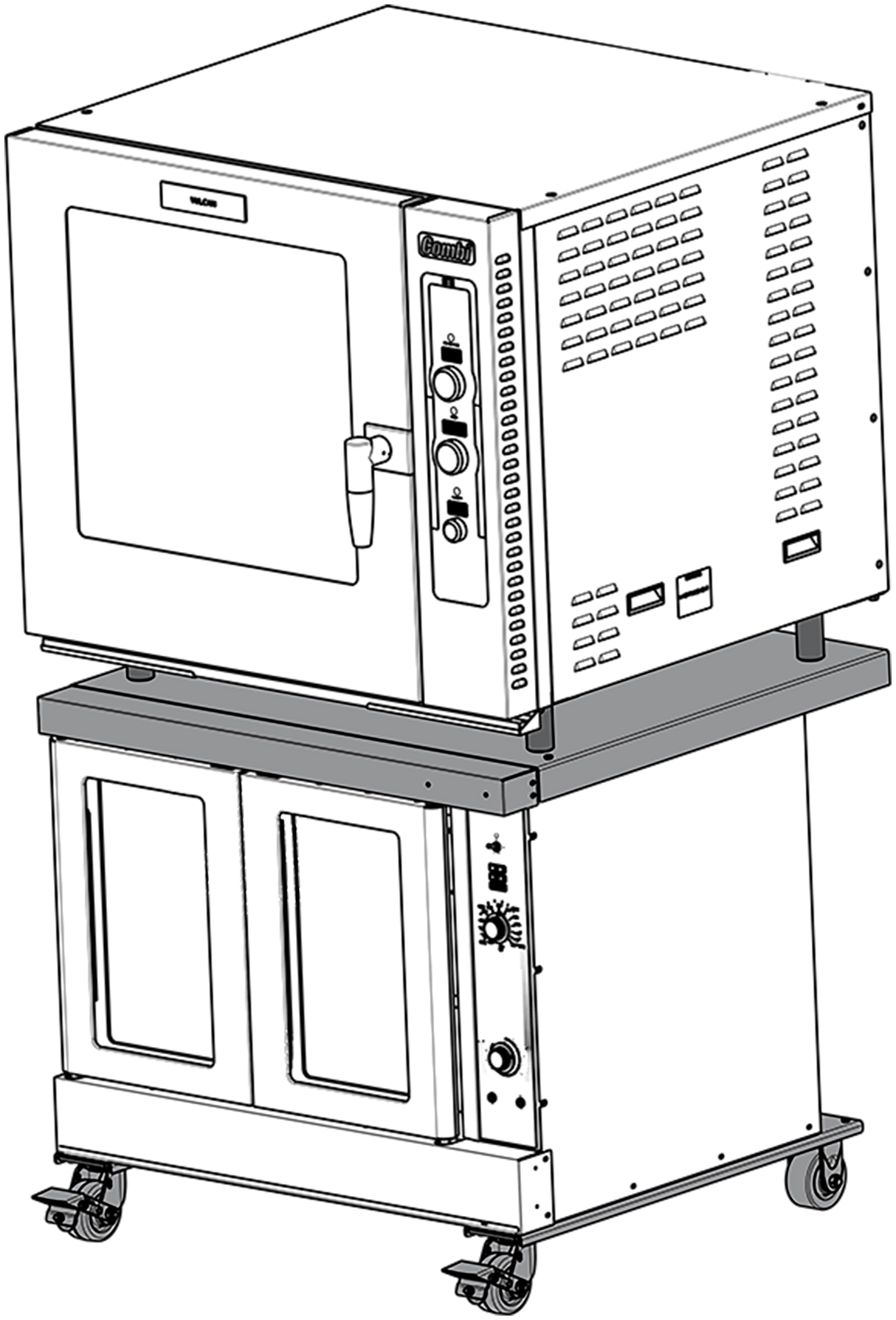 Line drawing of commercial convection ovens with two stacked units. The top unit has a front door, control knobs, vents, and indicator lights; the bottom features double doors and caster wheels, possibly using a Vulcan stacking kit for stability.
