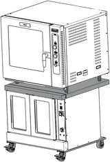 Line drawing of commercial convection ovens with two stacked units. The top unit has a front door, control knobs, vents, and indicator lights; the bottom features double doors and caster wheels, possibly using a Vulcan stacking kit for stability.