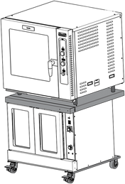 Line drawing of commercial convection ovens with two stacked units. The top unit has a front door, control knobs, vents, and indicator lights; the bottom features double doors and caster wheels, possibly using a Vulcan stacking kit for stability.