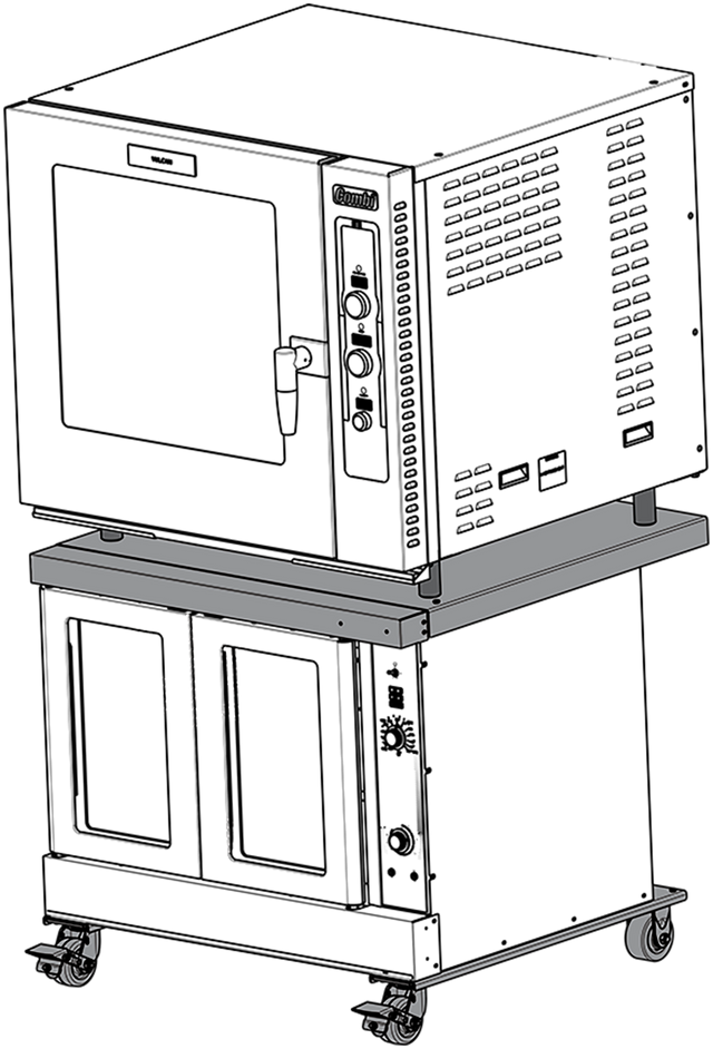Line drawing of commercial convection ovens with two stacked units. The top unit has a front door, control knobs, vents, and indicator lights; the bottom features double doors and caster wheels, possibly using a Vulcan stacking kit for stability.
