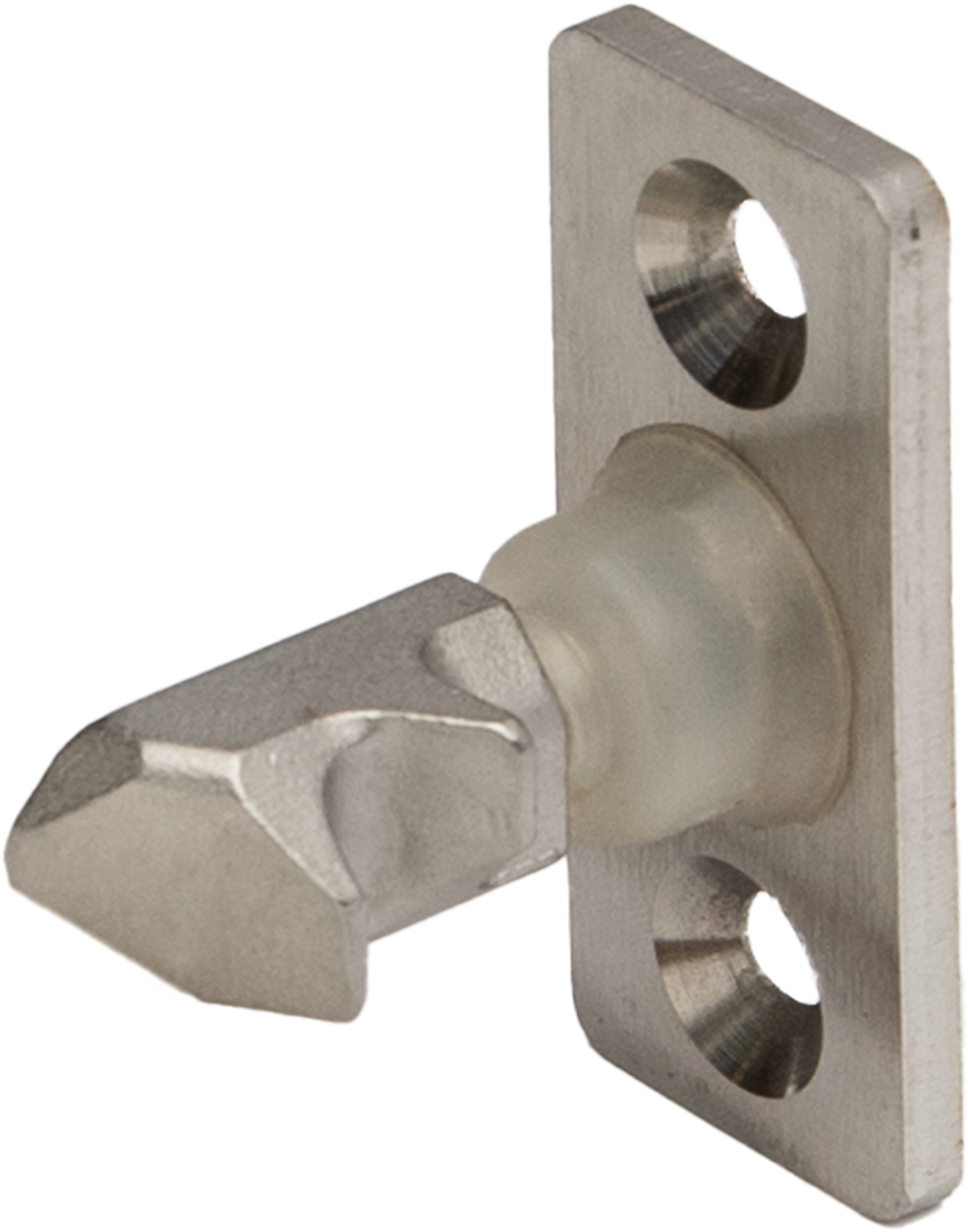The Vulcan TCM-DLATCH is a metal door latch bolt with an angled tip and rectangular mounting plate. The double release door latch features two countersunk screw holes for easy attachment, securing your door firmly in place.