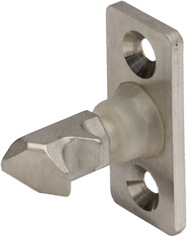 The Vulcan TCM-DLATCH is a metal door latch bolt with an angled tip and rectangular mounting plate. The double release door latch features two countersunk screw holes for easy attachment, securing your door firmly in place.