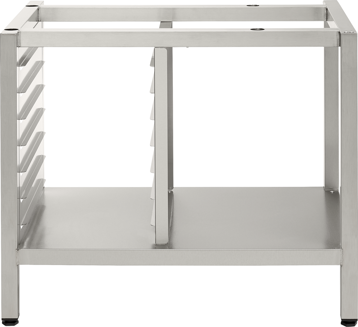 A stainless steel Deluxe Stand kitchen rack with a flat base shelf, vertical center divider, and horizontal slots for pan supports. This sturdy rectangular unit is ideal for commercial or home kitchens and compatible with standard TCM units.